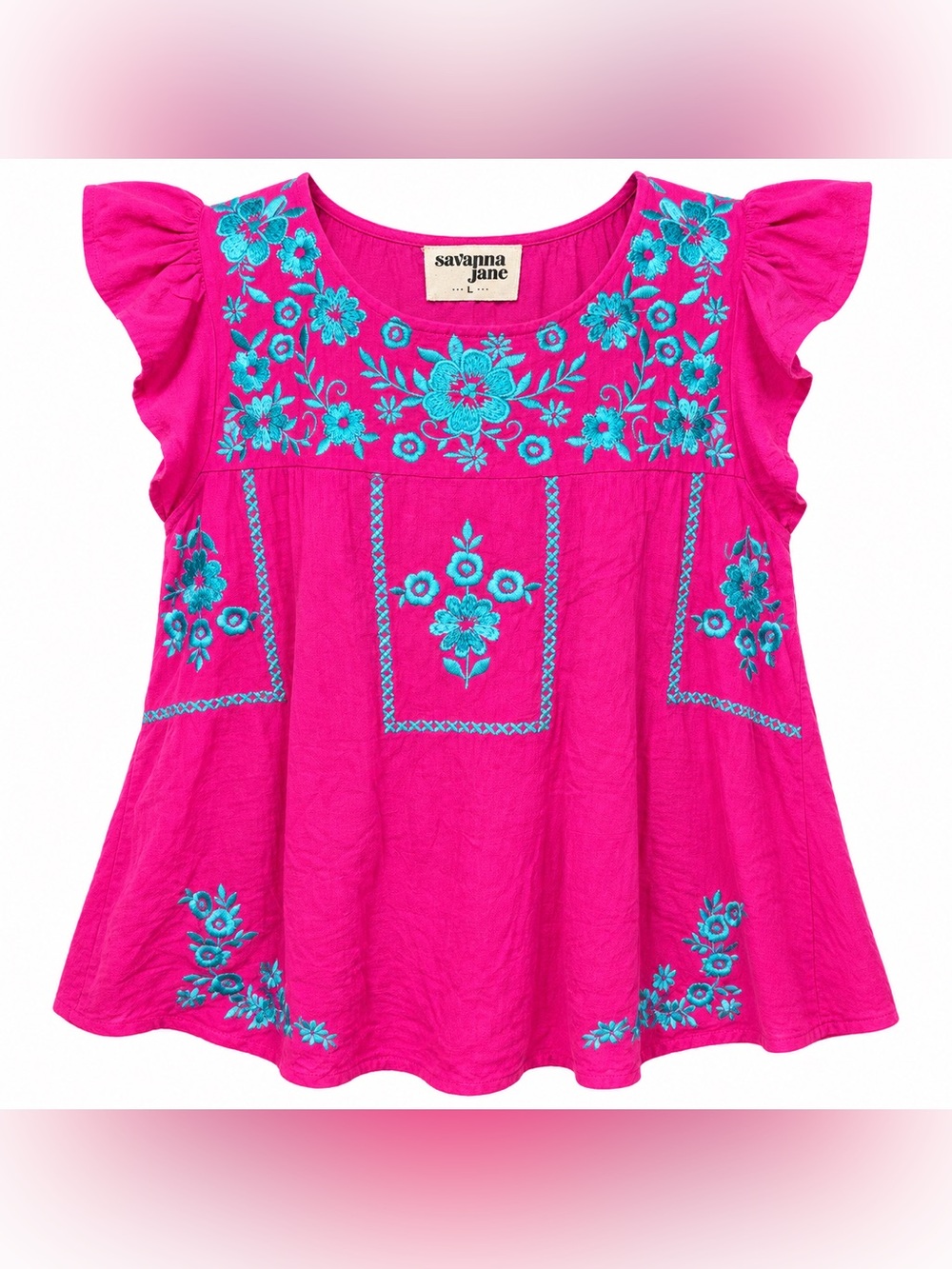 Savanna Jane Pink Embroidered Blouse L Turquoise Floral Boho Fiesta Folk Art Top